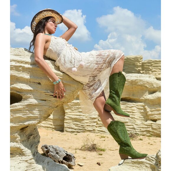 Women's Green Mid Calf Embroidery Cowgirl Boots Retro Snip Toe Western Boot - Picture 2 of 6